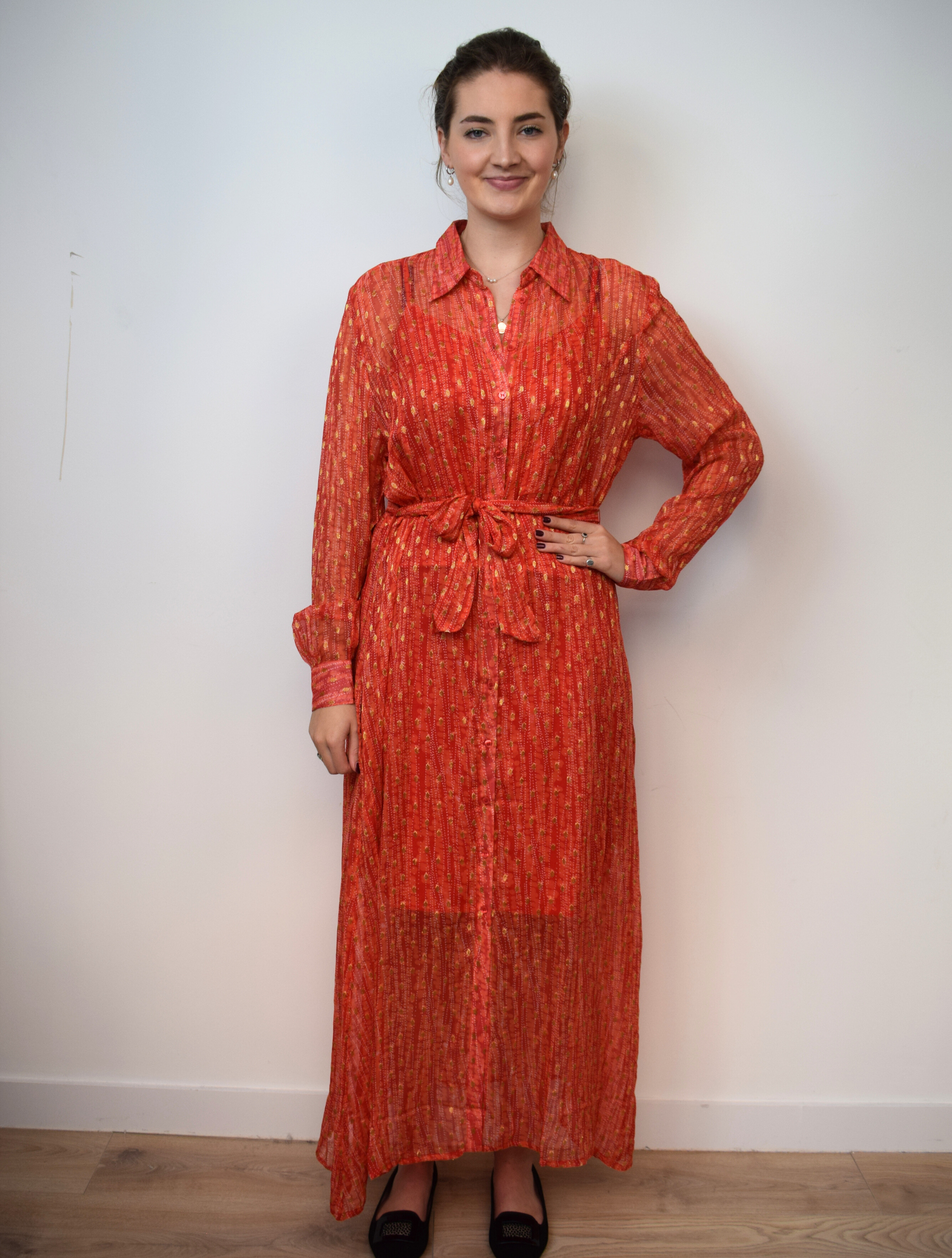 Orange and gold thread maxi sheer shirt dress with tie waist