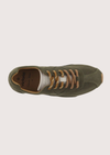 Khaki suede sneaker with beige sole on a plain background