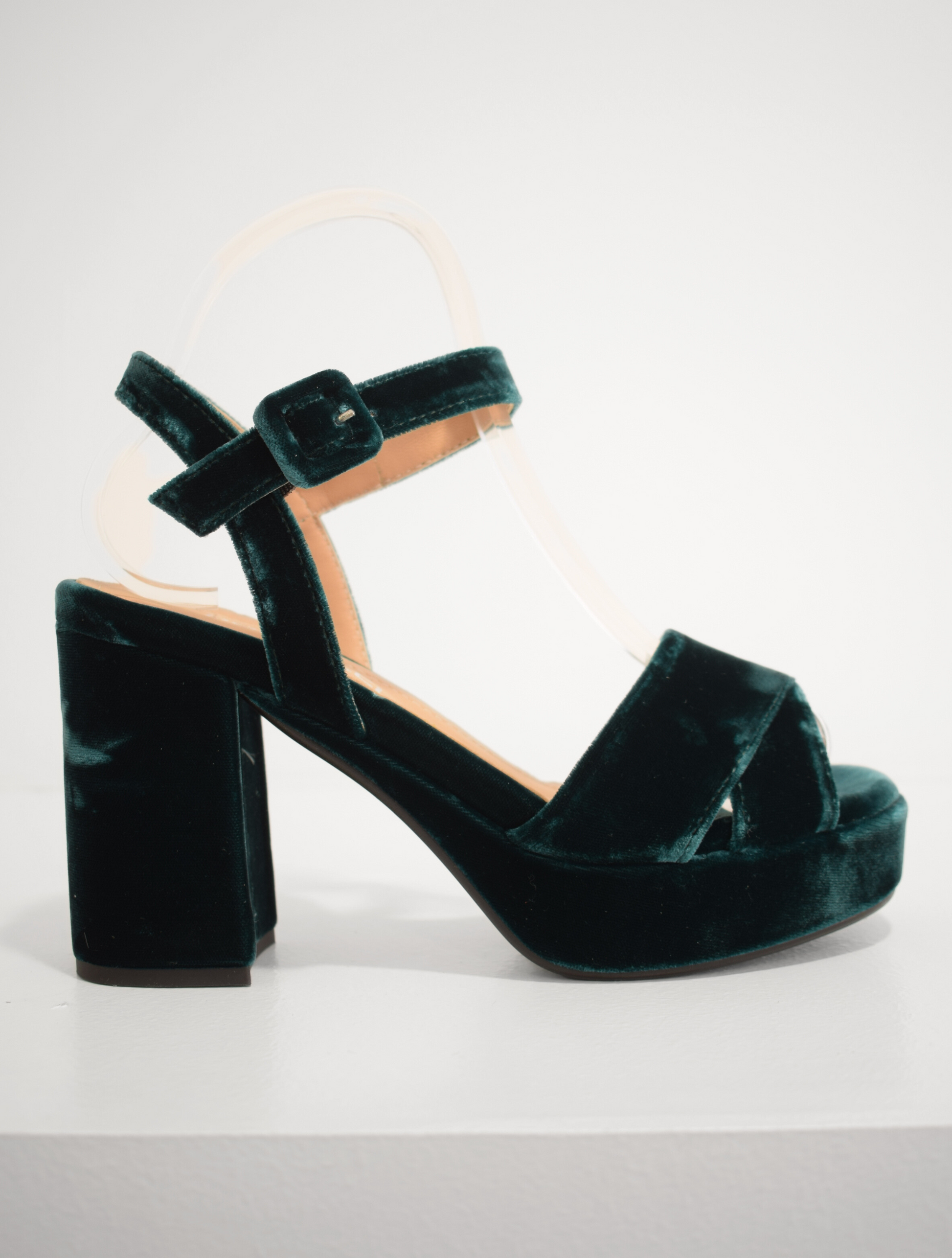 Deep green velvet platform sandals