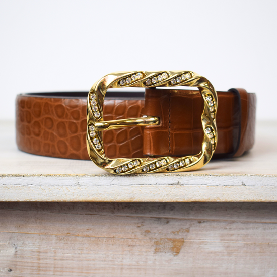 Wide mock croc tan leather belt with large gold metallic and bejewelled oblong buckle