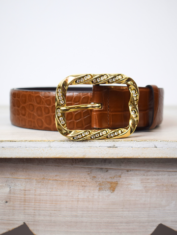 Wide mock croc tan leather belt with large gold metallic and bejewelled oblong buckle