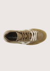 A top-down view of a low-top sneaker in a muted tan/khaki color, featuring white laces and a white side stripe, with the brand name 'victoria' printed on the black insole.