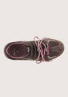 A low-top sneaker in dark brown suede and canvas with dusty pink laces and a tan gum sole, shown from a side profile on a light gray background.