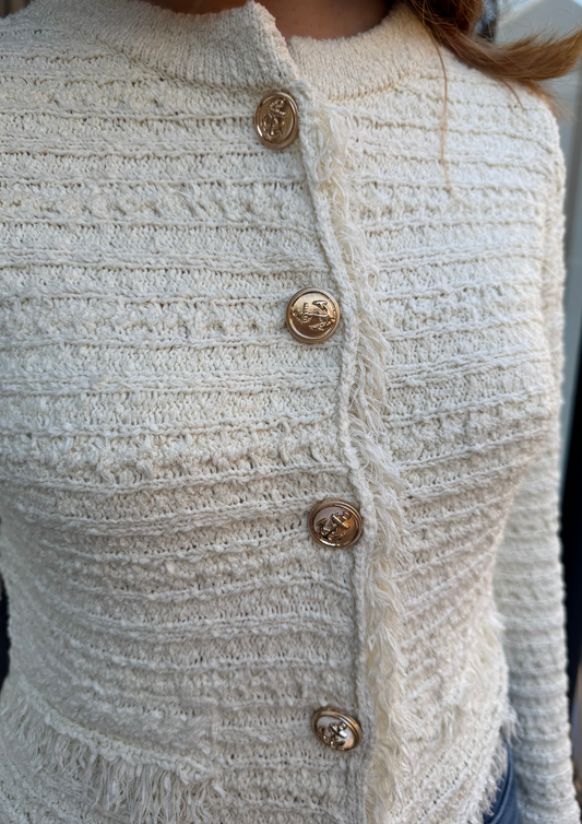 cream cotton blend cardigan with fringe detail, gold buttons and round neck