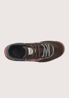 A dark brown suede and mesh sneaker with burgundy accents, featuring a cream midsole and a gum outsole, shown from a side profile on a light gray background.