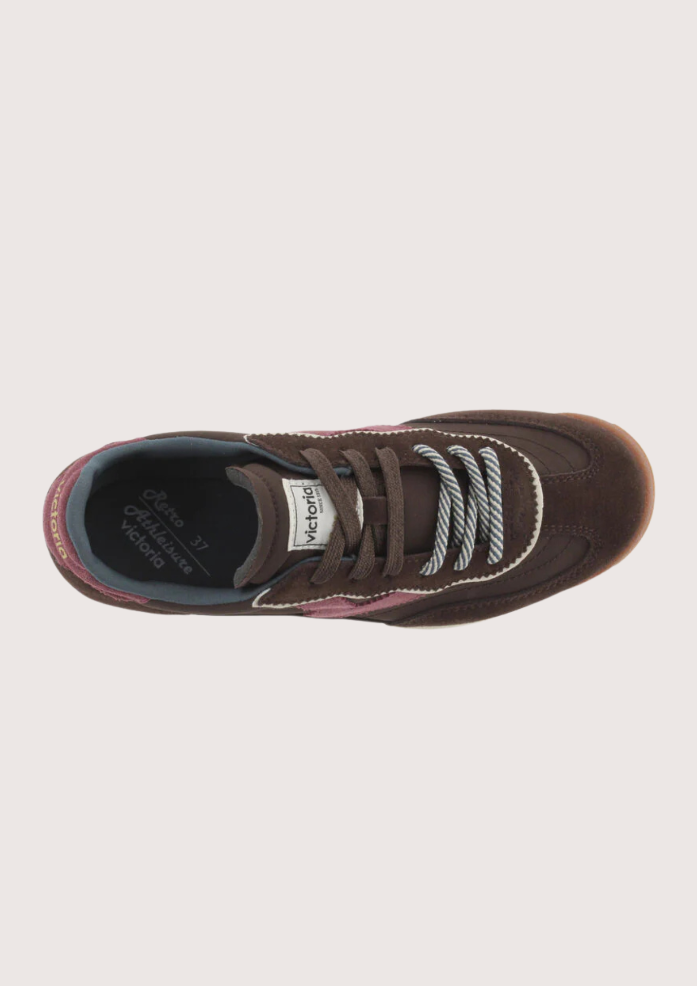 A dark brown suede and mesh sneaker with burgundy accents, featuring a cream midsole and a gum outsole, shown from a side profile on a light gray background.
