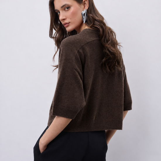 model wearing a dark brown short sleeve knit, with black trousers on a plain background 