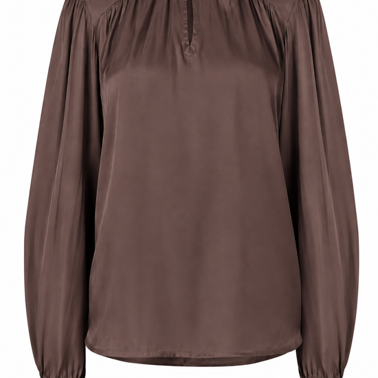 A brown long-sleeve blouse with a gathered ruffled mock neck and elasticized cuffs, shown on a plain white background.
