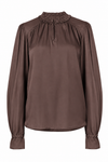 A brown long-sleeve blouse with a gathered ruffled mock neck and elasticized cuffs, shown on a plain white background.