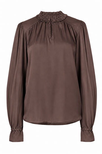A brown long-sleeve blouse with a gathered ruffled mock neck and elasticized cuffs, shown on a plain white background.