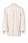 A cream-colored long-sleeve blouse with gathered, balloon sleeves and delicate lace trim at the collar and cuffs, shown from the back on a white background.