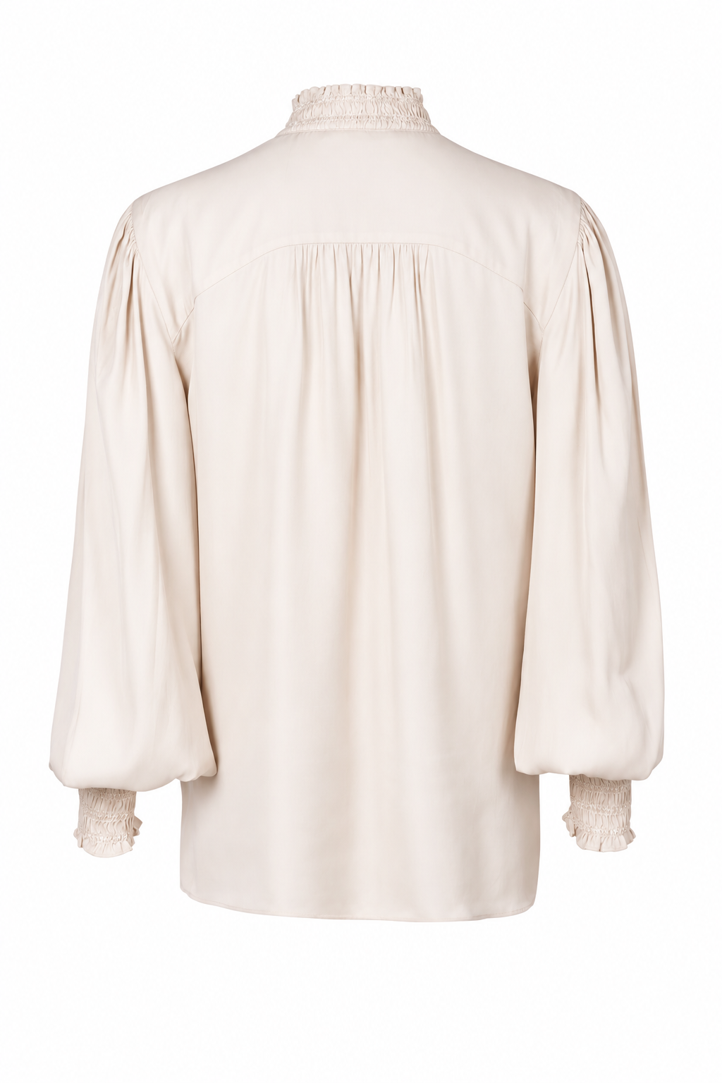 A cream-colored long-sleeve blouse with gathered, balloon sleeves and delicate lace trim at the collar and cuffs, shown from the back on a white background.