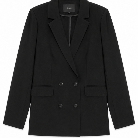 flat lay of a black blazer on a white background