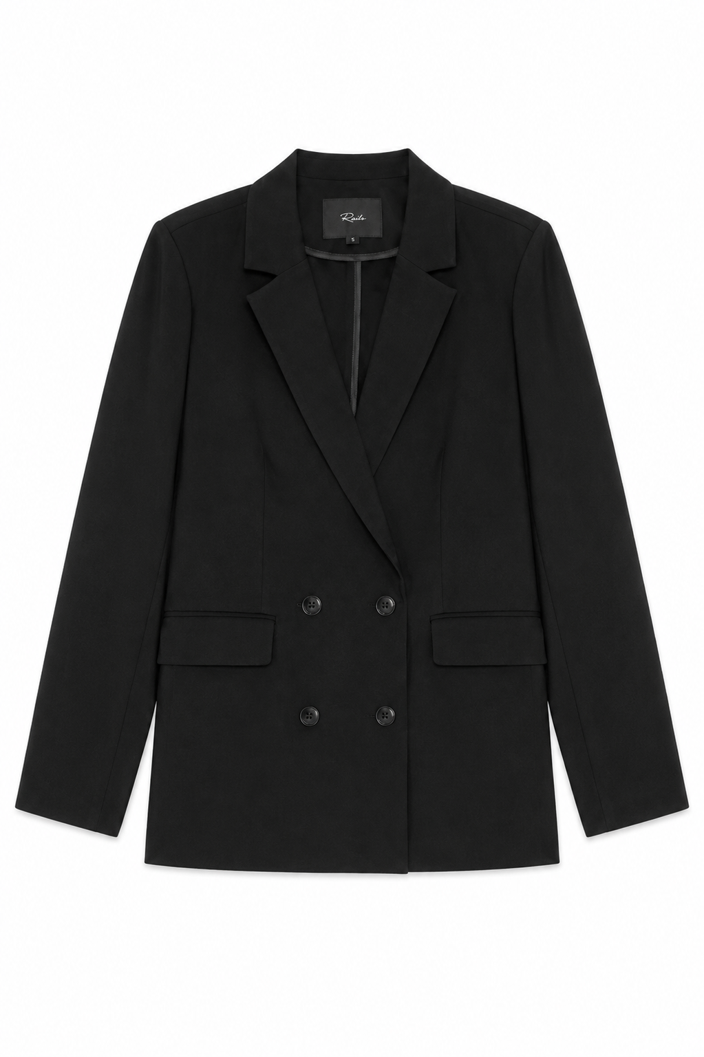 flat lay of a black blazer on a white background