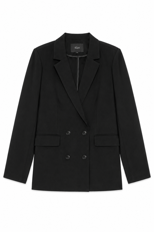 flat lay of a black blazer on a white background