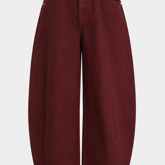 A pair of wide-leg cropped pants in a deep burgundy color, shown against a plain light gray background.