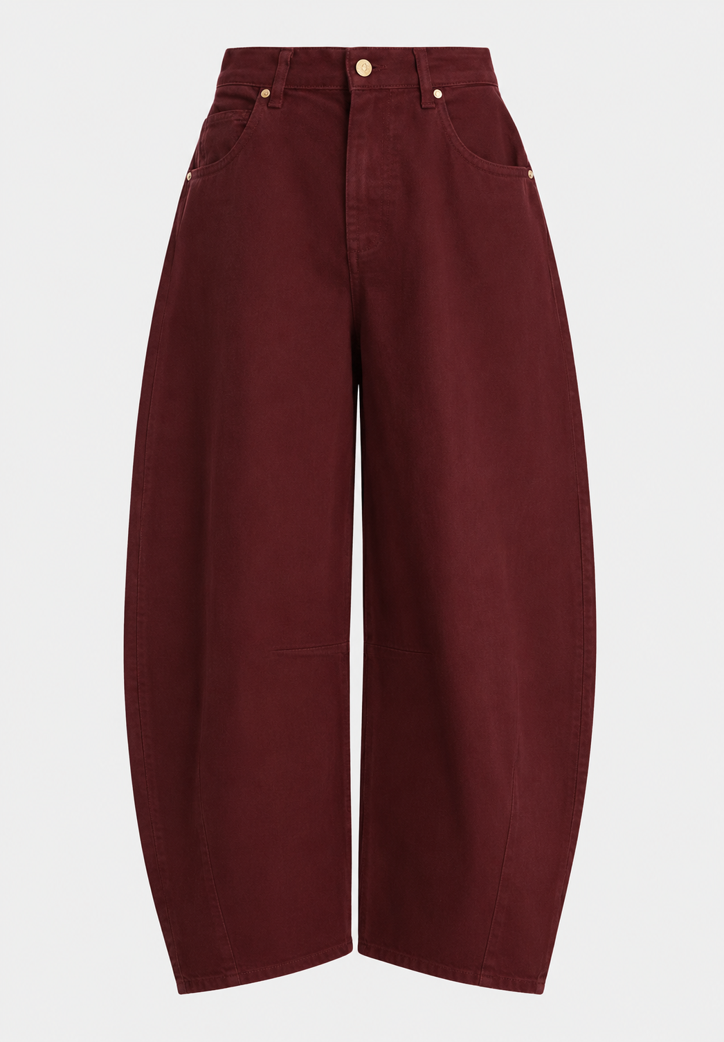 A pair of wide-leg cropped pants in a deep burgundy color, shown against a plain light gray background.