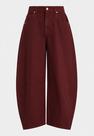 A pair of wide-leg cropped pants in a deep burgundy color, shown against a plain light gray background.