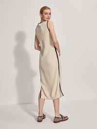Knitted mid length sleeveless dress with contrast stitch detailing  rear view