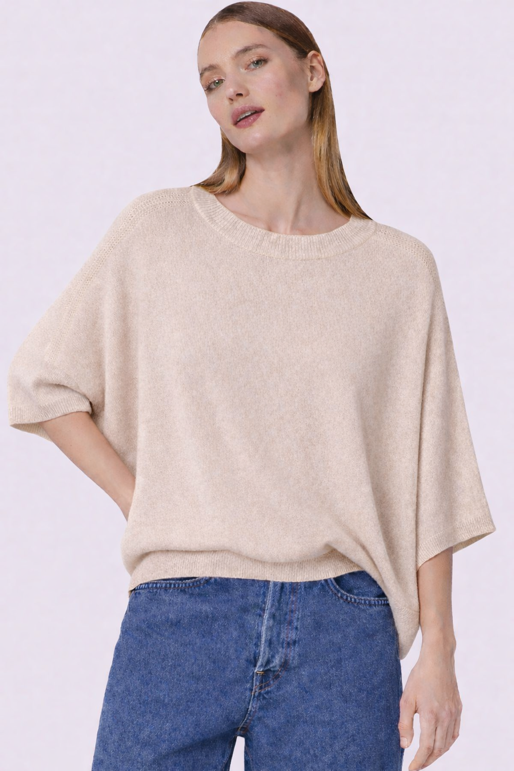 Tissue cashmere in oat colour worn with blue denim