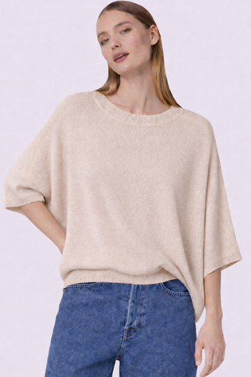 Tissue cashmere in oat colour worn with blue denim