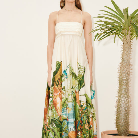 spaghetti strap midi dress with vibrant palm tree print