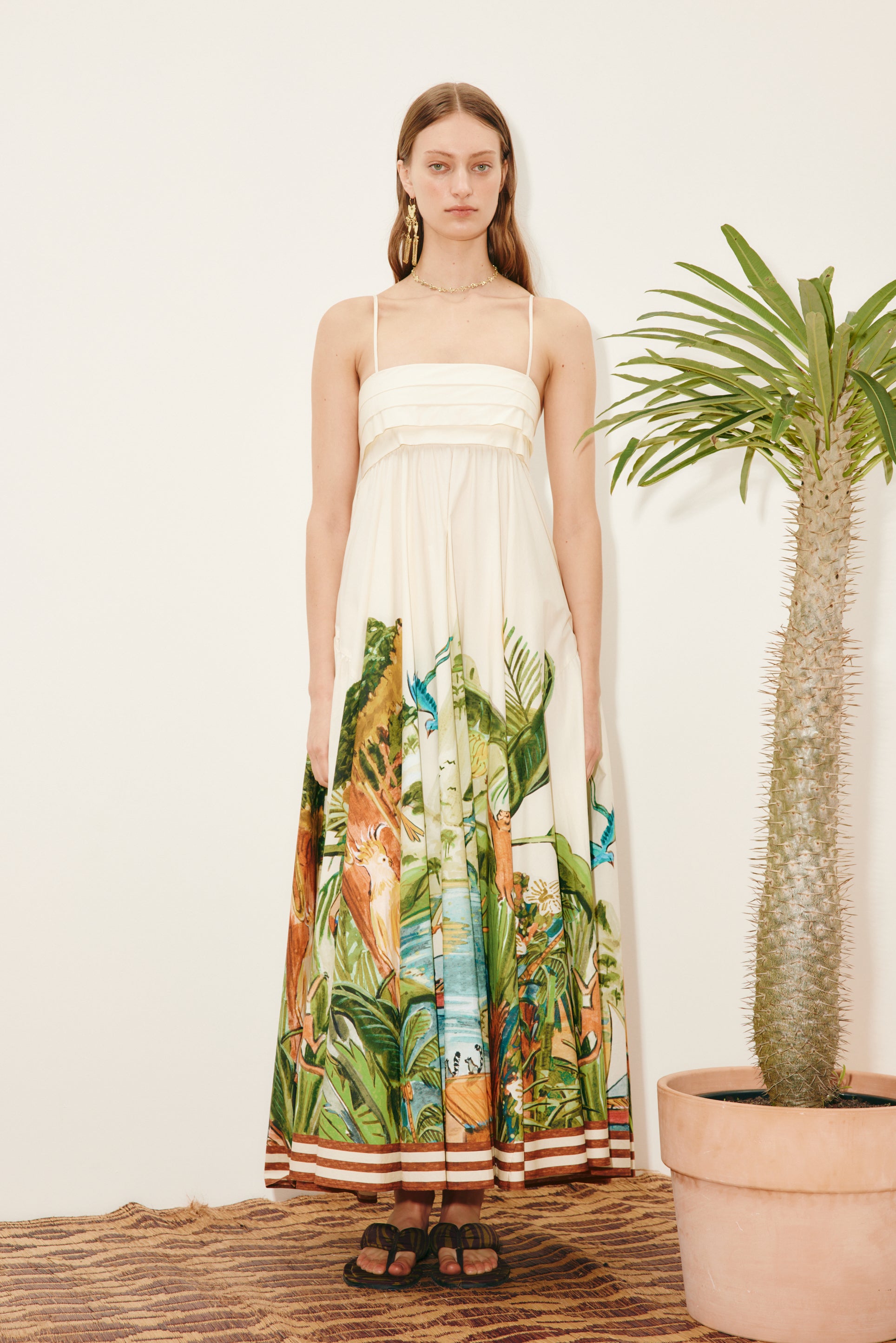 spaghetti strap midi dress with vibrant palm tree print