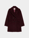 A dark burgundy double-breasted coat with a textured bouclé-like finish, displayed flat against a light gray background.