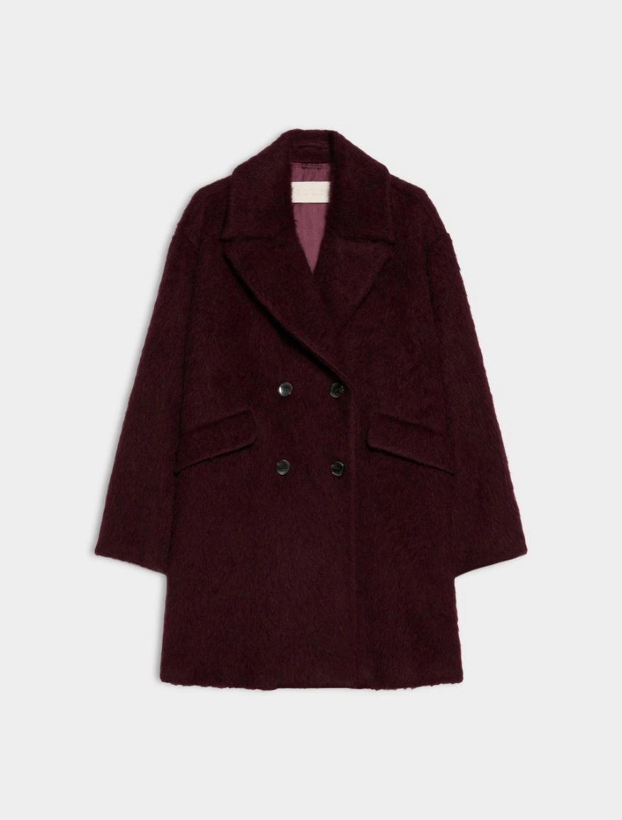 A dark burgundy double-breasted coat with a textured bouclé-like finish, displayed flat against a light gray background.