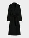 A black long coat with a tie belt, shown on a plain light gray background.