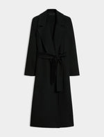 A black long coat with a tie belt, shown on a plain light gray background.