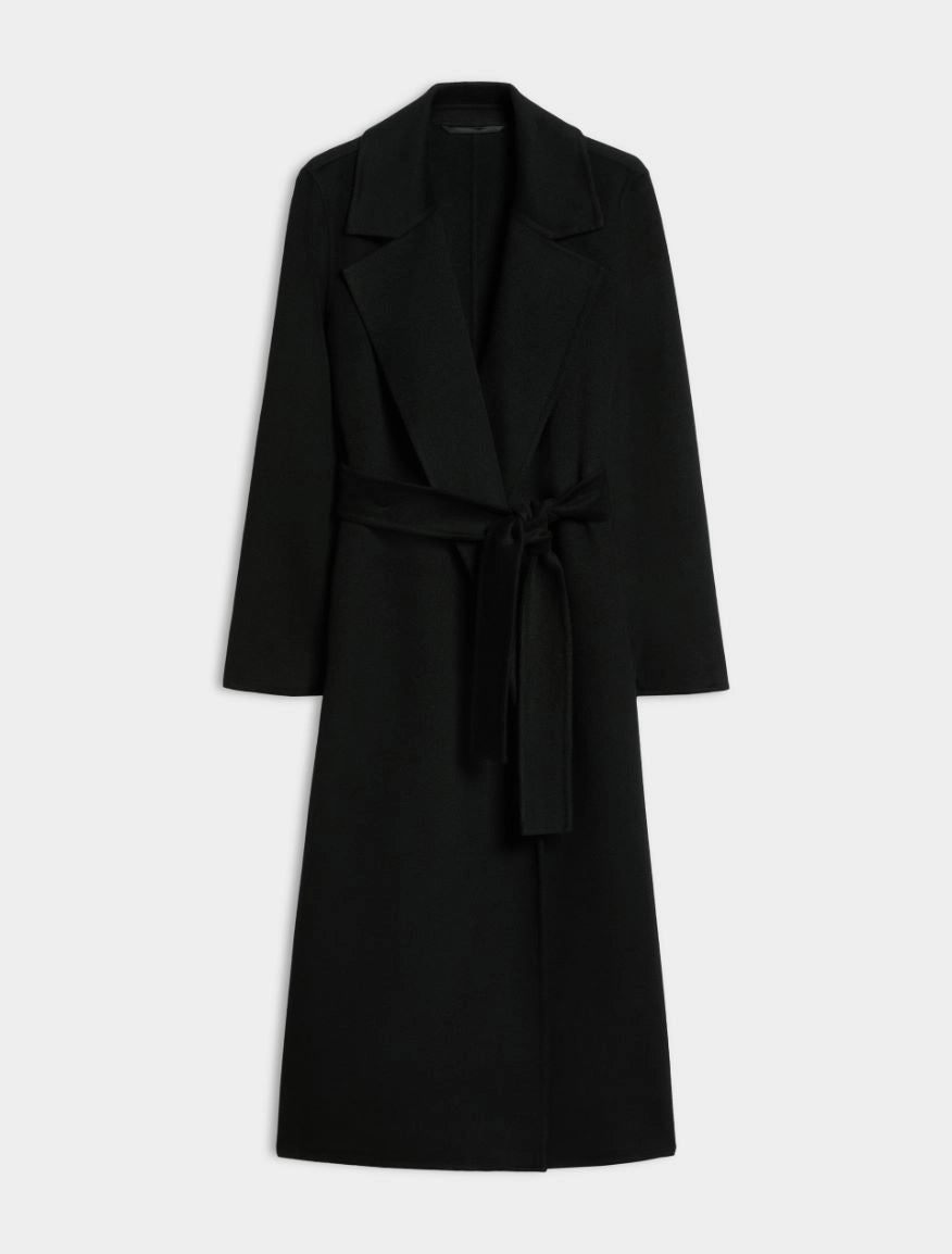 A black long coat with a tie belt, shown on a plain light gray background.