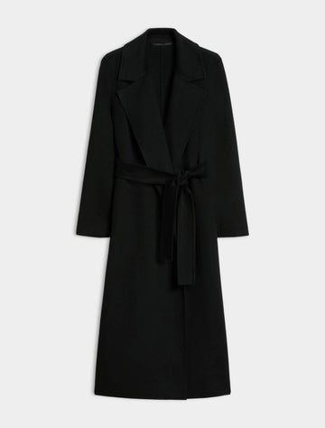 A black long coat with a tie belt, shown on a plain light gray background.