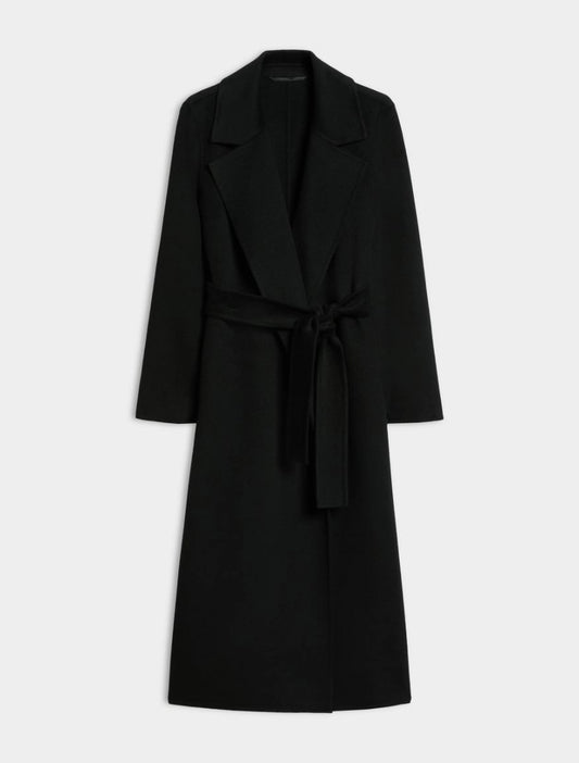 A black long coat with a tie belt, shown on a plain light gray background.