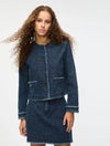 denim blue round neck jacket with gold buttons and frayed edging from iblues model shot