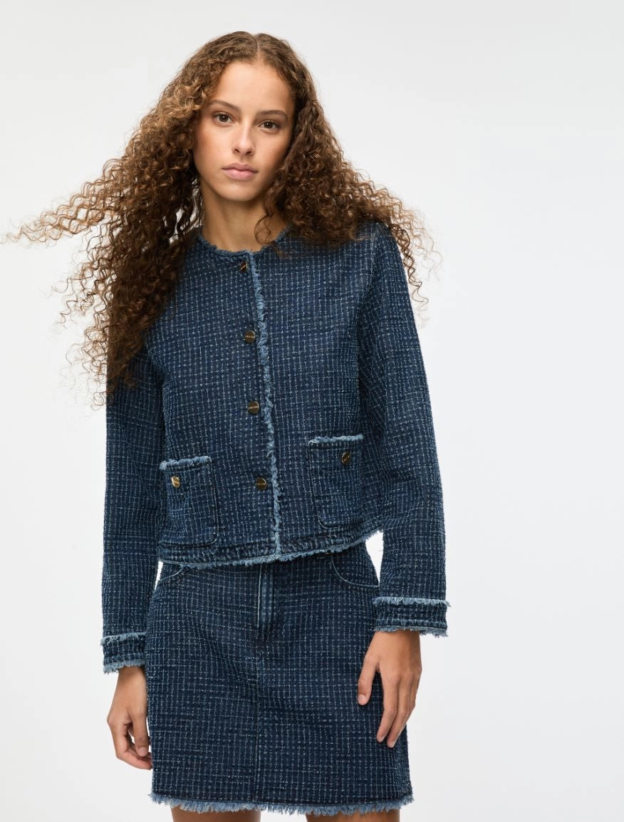 denim blue round neck jacket with gold buttons and frayed edging from iblues model shot