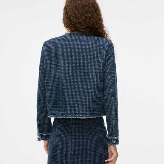 denim blue round neck jacket with gold buttons and frayed edging from iblues rear view