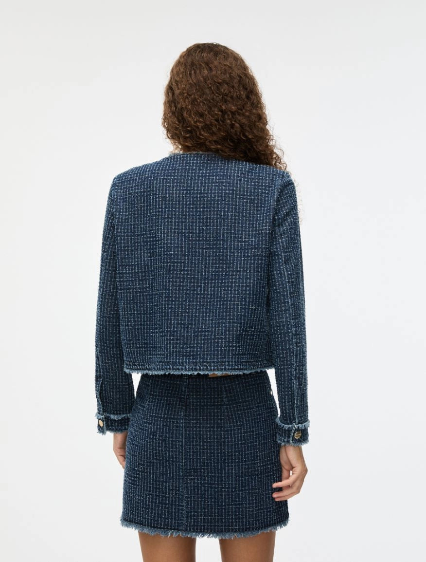 denim blue round neck jacket with gold buttons and frayed edging from iblues rear view