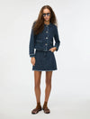 denim blue round neck jacket with gold buttons and frayed edging from iblues model shot