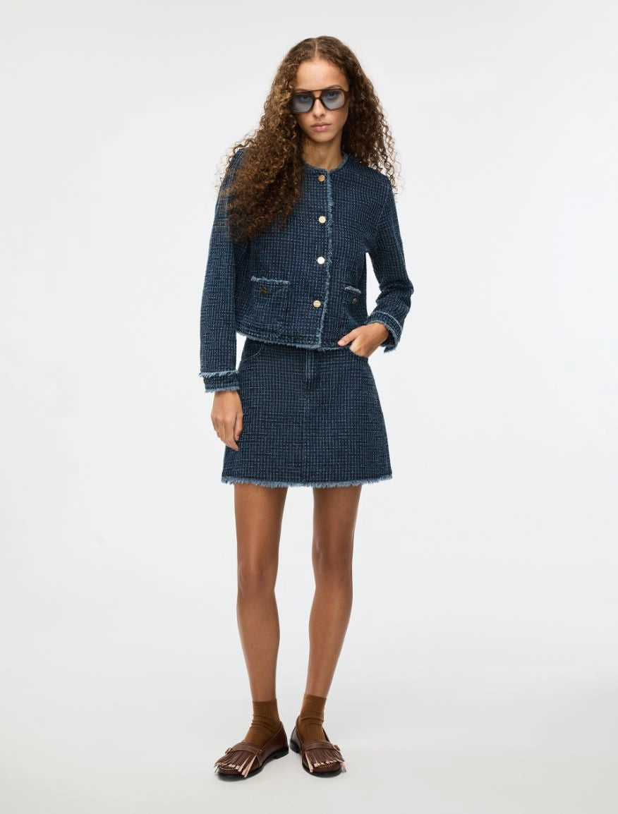 denim blue round neck jacket with gold buttons and frayed edging from iblues model shot