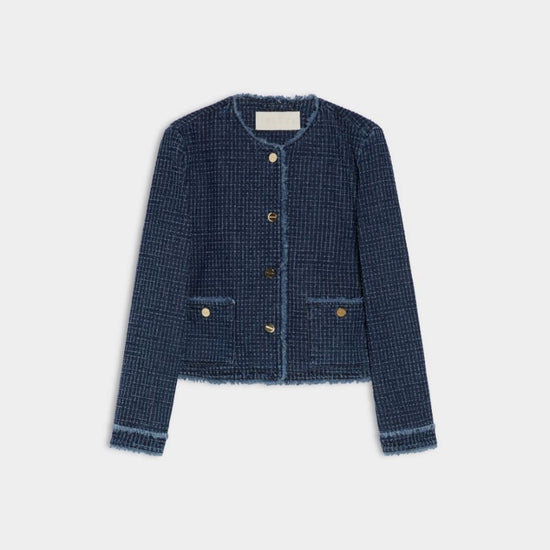 denim blue round neck jacket with gold buttons and frayed edging from iblues