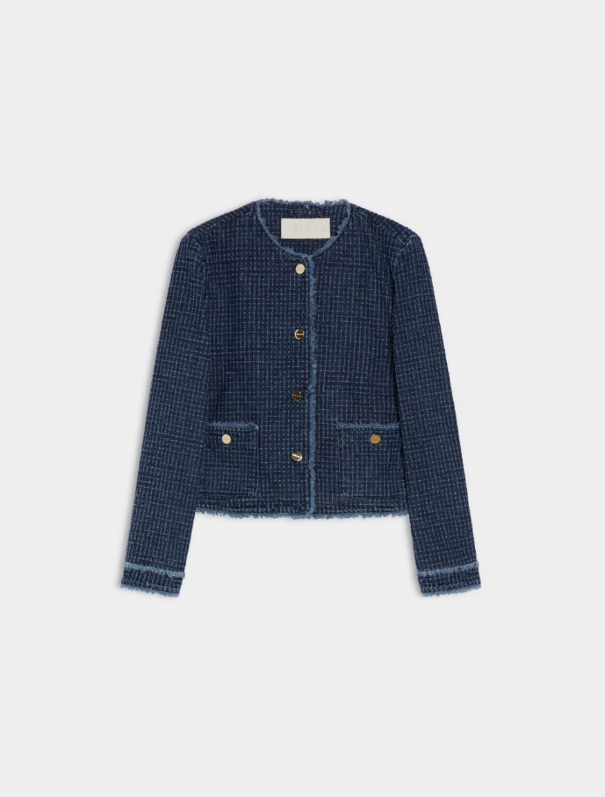 denim blue round neck jacket with gold buttons and frayed edging from iblues