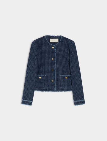 denim blue round neck jacket with gold buttons and frayed edging from iblues