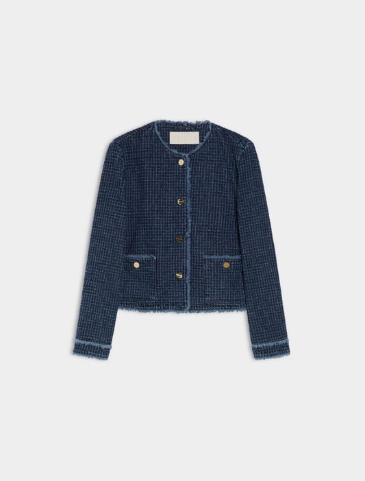 denim blue round neck jacket with gold buttons and frayed edging from iblues
