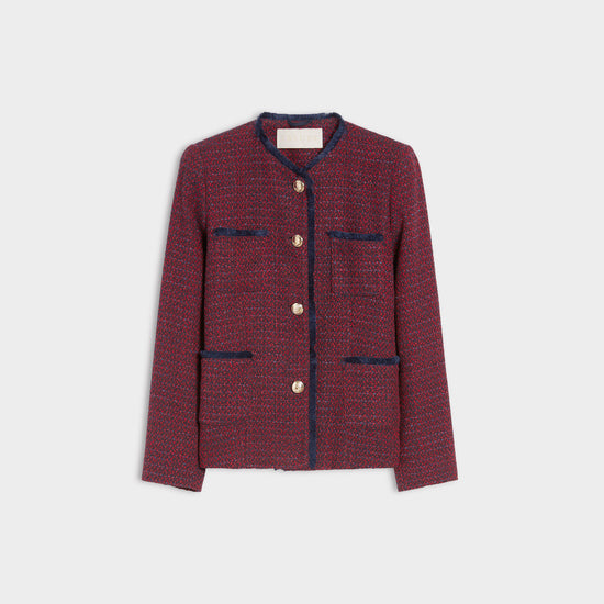 Navy and red woven jacket with gold toned buttons