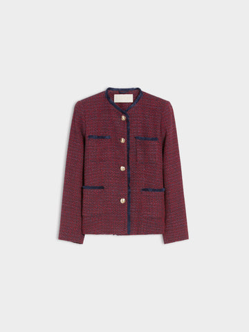 Navy and red woven jacket with gold toned buttons