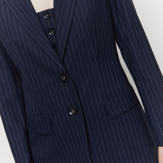 Close up of navy pinstripe jacket