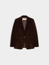 A dark brown velvet blazer with notched lapels and a single button closure, displayed flat against a light gray background.