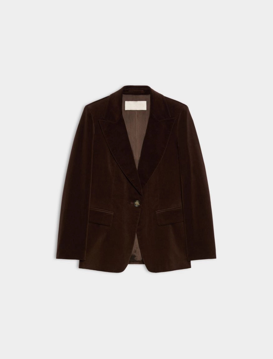 A dark brown velvet blazer with notched lapels and a single button closure, displayed flat against a light gray background.