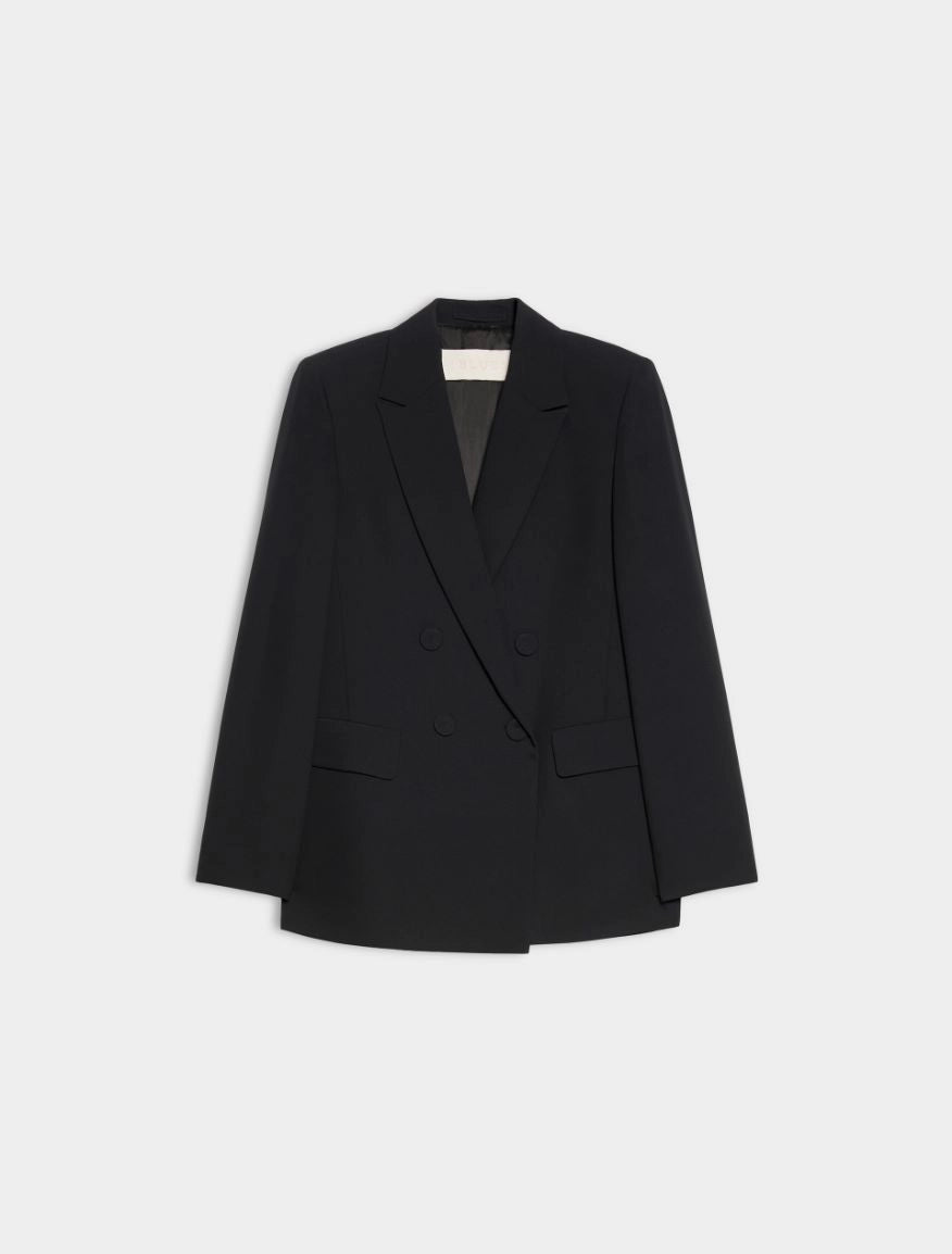A black double-breasted blazer with notched lapels and flap pockets, displayed flat against a light gray background.